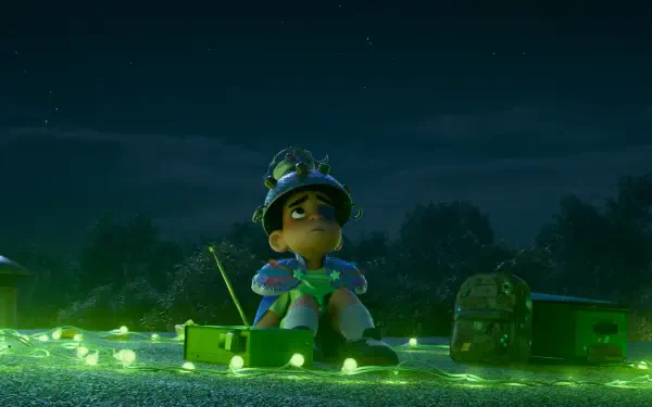 A scene from the movie Elio (2025), featuring a young character sitting amidst glowing green lights at night, creating a whimsical, adventurous atmosphere. 4K Ultra HD wallpaper.