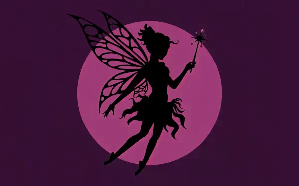 A gothic fairy silhouette stands against a vibrant purple circle, holding a wand, creating an enchanting atmosphere in this 4K Ultra HD desktop wallpaper.