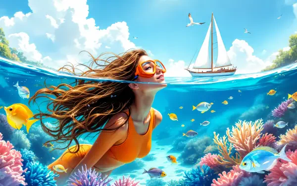 A vibrant 4K Ultra HD desktop wallpaper featuring a woman snorkeling beneath crystal-clear waters, surrounded by colorful fish and coral, with a sailboat in the background.