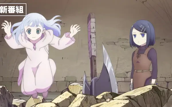 Anime-themed HD wallpaper features two characters in a dungeon setting, one joyfully leaping and the other observing amidst broken stones and debris.