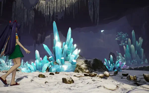 A vibrant HD PC desktop wallpaper featuring a character from FAIRY TAIL 2 exploring a mystical cave adorned with sparkling turquoise crystals and a serene, shadowy backdrop.