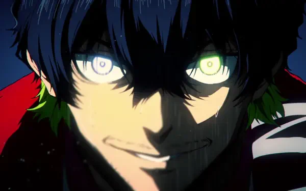 HD PC desktop wallpaper featuring Oliver Aiku from Blue Lock with intense glowing eyes and a dramatic shadowed face.