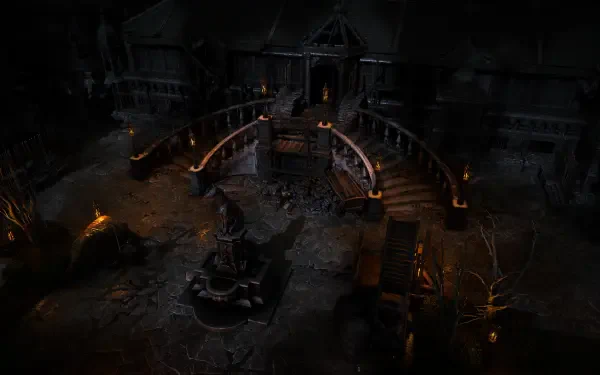 A dark and atmospheric scene from Path of Exile 2, featuring a desolate landscape with a mysterious mansion, illuminated by flickering flames, captured in stunning 4K Ultra HD.