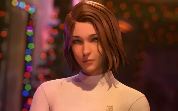 A 4K Ultra HD wallpaper featuring a character from the video game Life is Strange: Double Exposure, set against a backdrop of colorful lights.