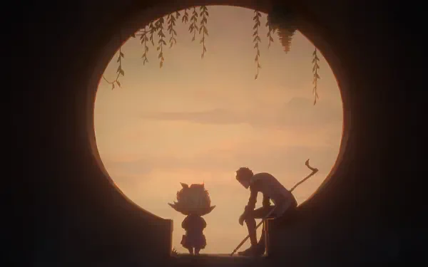 Silhouette of Jayce and Heimerdinger against a glowing sunset in Arcane Season 2, showcasing a moment of connection in this stunning 4K Ultra HD wallpaper.
