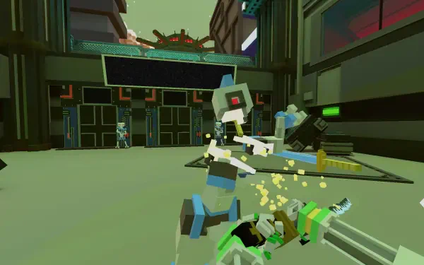 An engaging HD desktop wallpaper from the video game Clone Drone in the Hyperdome, showcasing a dynamic battle scene with colorful robotic characters and futuristic environments.