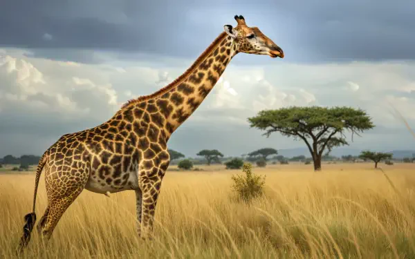 A majestic giraffe stands gracefully in a golden grassland, under a dramatic sky, showcasing the beauty of wildlife in this stunning 4K Ultra HD desktop wallpaper.