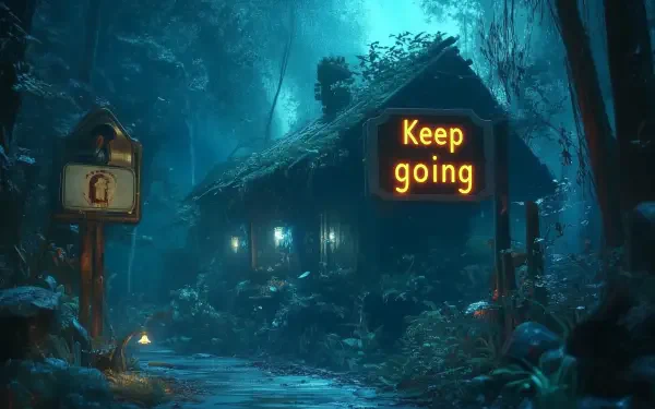 HD fantasy desktop wallpaper featuring a mystical forest cabin illuminated by glowing lights and a neon sign that reads Keep going in an enchanted nighttime setting.