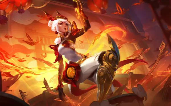 An 8K Ultra HD wallpaper featuring Camille from League of Legends, set against a vibrant background with dynamic orange hues and swirling butterflies, capturing the action of League of Legends: Wild Rift.