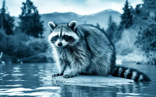A serene raccoon sits on a rock in a tranquil body of water, surrounded by lush trees and distant mountains. This image serves as a stunning 4K Ultra HD PC desktop wallpaper.
