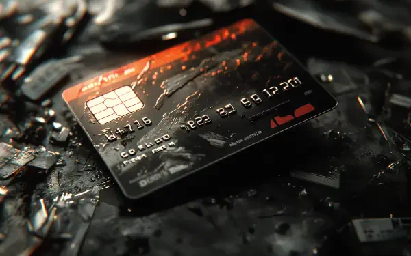 A close-up of a credit card resting on a fragmented, reflective surface, showcasing intricate details and textures, designed as a 4K Ultra HD PC desktop wallpaper and background.