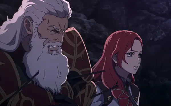 Anime scene from *The Lord of the Rings: The War of the Rohirrim*, featuring a stern warrior and a determined young woman, set against a dark, atmospheric background. HD desktop wallpaper.