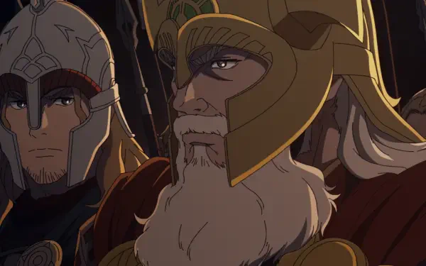 An animated scene from The Lord of the Rings: The War of the Rohirrim featuring characters in intricately designed helmets, showcasing their fierce determination and noble heritage.