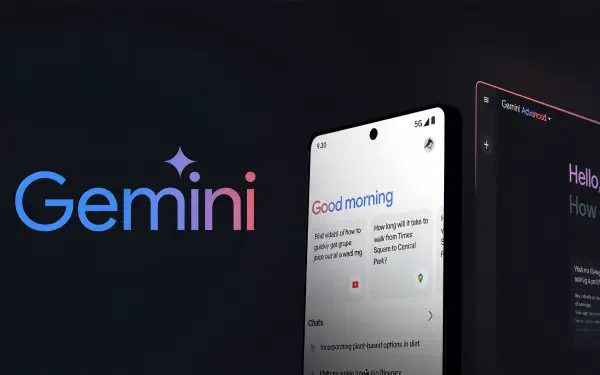 A sleek 4K Ultra HD wallpaper featuring Google AI's Gemini interface, showcasing a welcoming message and a modern, minimalistic design against a dark background.