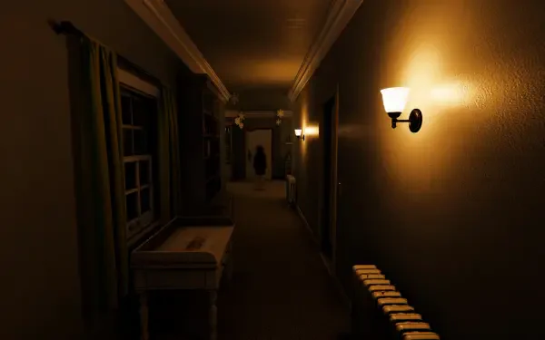 Dimly lit hallway with warm wall sconces, showcasing atmospheric lighting and shadows from the video game Among Ashes in 4K Ultra HD PC wallpaper quality.