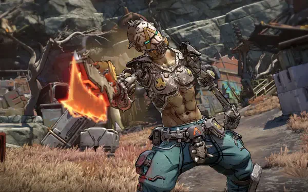 A dynamic HD wallpaper featuring a character from the video game Borderlands, showcasing a muscular figure with a mechanical arm, set against a rugged, post-apocalyptic landscape.