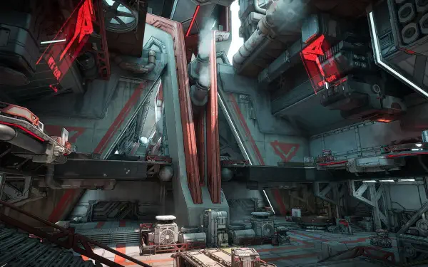 HD PC desktop wallpaper featuring a futuristic, industrial interior scene from the video game Borderlands 4.