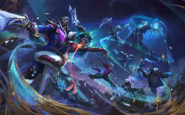 An 8K Ultra HD wallpaper featuring characters from League of Legends: Hwei, Senna, Lucian, and Thresh, set against a vibrant, fantastical background.