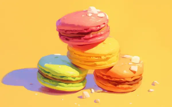 HD anime-style desktop wallpaper featuring colorful macarons stacked against a vibrant yellow background.