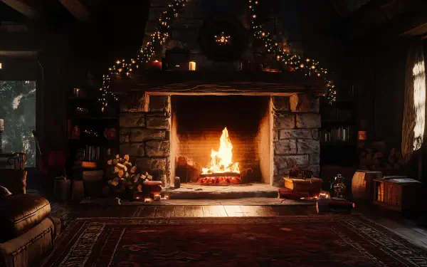 A cozy fireplace surrounded by warm decor in a dimly lit room, adorned with festive garlands. This inviting scene makes a charming 4K Ultra HD desktop wallpaper.