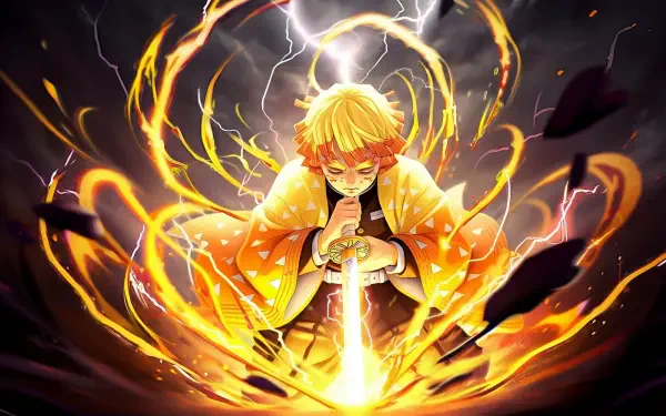 HD PC desktop wallpaper of Zenitsu Agatsuma from Demon Slayer: Kimetsu no Yaiba, surrounded by glowing lightning and fiery energy.
