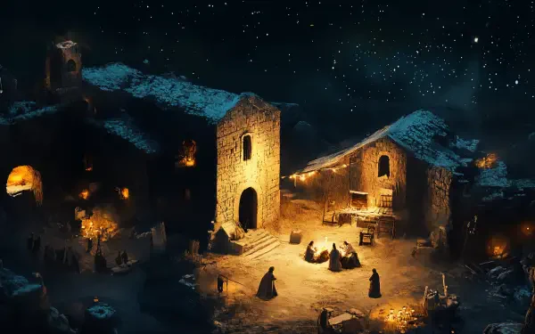 A serene nativity scene set in a snowy landscape, illuminated by warm lights against a starry night backdrop. This stunning 4K Ultra HD image creates a peaceful religious atmosphere.