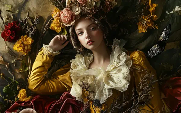 A woman adorned with flowers lies amidst vibrant foliage, dressed in a baroque-style gown. This stunning image captivates with intricate details and rich colors, designed for 4K Ultra HD backgrounds.