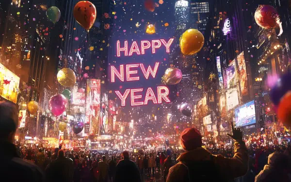 A vibrant New Year's celebration scene featuring colorful balloons and fireworks, with Happy New Year prominently displayed. This 4K Ultra HD wallpaper captures the festive spirit.