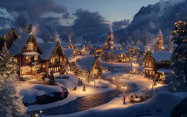A picturesque Christmas village scene, illuminated by warm lights against a snowy landscape, set amidst mountains, designed as a stunning 4K Ultra HD desktop wallpaper.