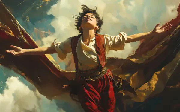 A dynamic 4K Ultra HD desktop wallpaper depicting a figure with outstretched arms soaring through turbulent clouds, embodying the essence of courage and freedom.