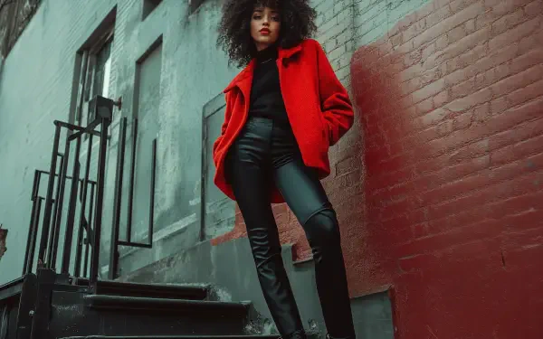 A woman in a trendy outfit featuring a bold red jacket and sleek black pants poses confidently on outdoor steps, set against a colorful urban backdrop. 4K Ultra HD quality.