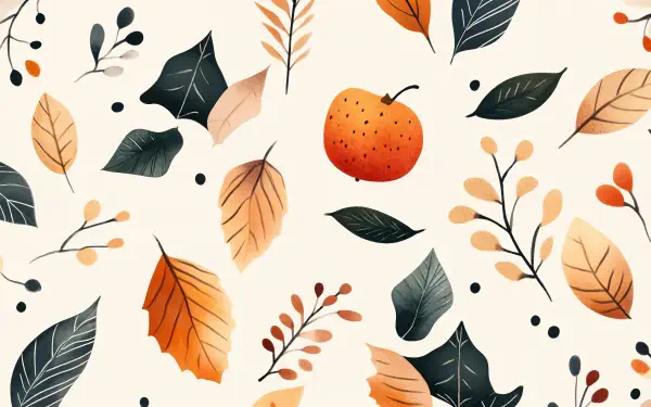 A vibrant holiday pattern featuring orange leaves, berries, and an orange fruit against a soft background, designed as a 4K Ultra HD desktop wallpaper.