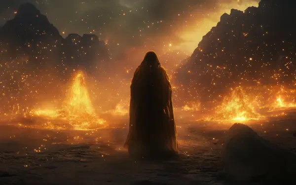 A mysterious djinn stands in a fiery landscape, surrounded by glowing embers and volcanic terrain, captured in stunning 4K Ultra HD resolution.
