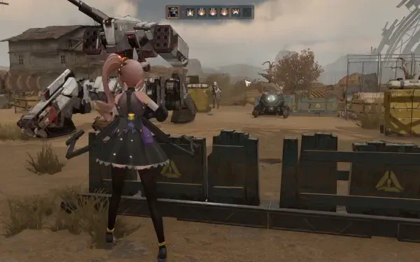 A dynamic scene from Girls' Frontline 2: Exilium, featuring a character in a stylish outfit facing off against futuristic machines in a post-apocalyptic setting. HD PC wallpaper.