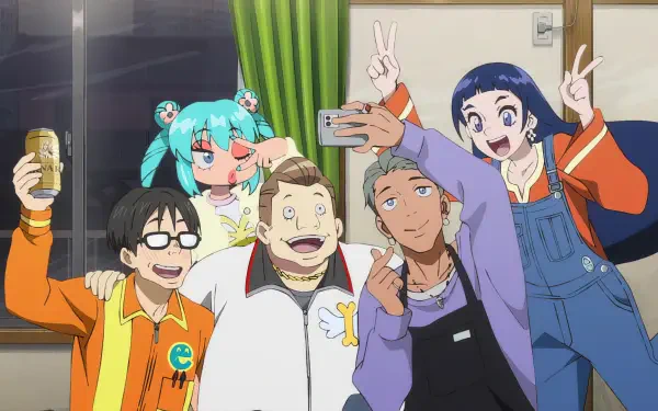 A vibrant HD anime wallpaper featuring a group of friends taking a selfie, showcasing a mix of joyful expressions and colorful outfits against a cozy background.