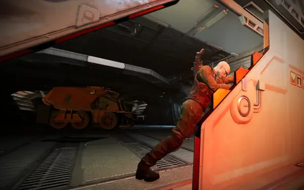 HD desktop wallpaper featuring a scene from the video game Alien: Rogue Incursion, showcasing a character interacting with a futuristic doorway in a sci-fi environment.