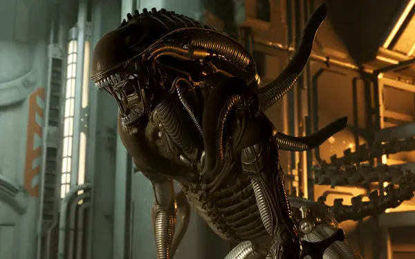 A striking HD wallpaper featuring a menacing alien creature from the video game Alien: Rogue Incursion, set against a futuristic, industrial backdrop.