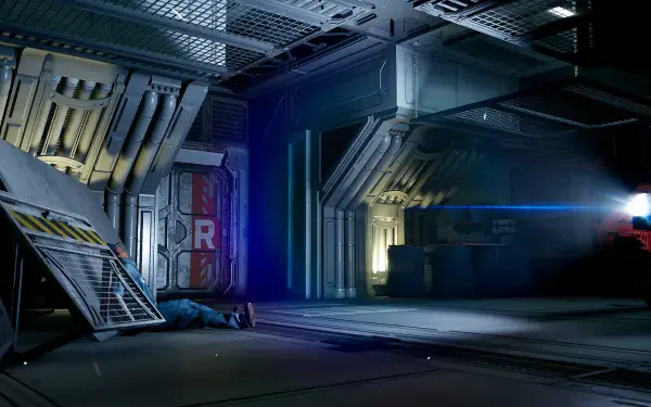 A high-definition desktop wallpaper from the video game Alien: Rogue Incursion, featuring a dimly lit, futuristic interior with dramatic lighting and a mysterious atmosphere.