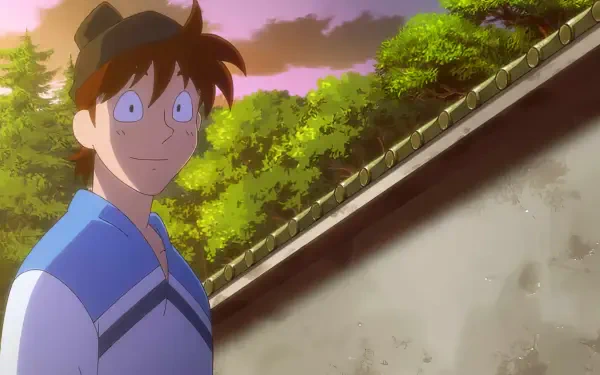 An anime character with messy brown hair and a cheerful expression stands against a scenic backdrop, featured in the HD desktop wallpaper for Gekijouban Nintama Rantarou: Dokutake Ninja Tai Saikyou no Gunshi.