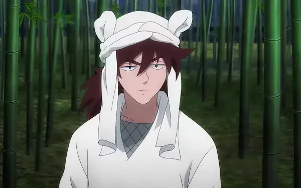 A character from Gekijouban Nintama Rantarou: Dokutake Ninja Tai Saikyou no Gunshi, standing in a bamboo forest, wearing a white outfit and a hood with ears. HD PC desktop wallpaper.