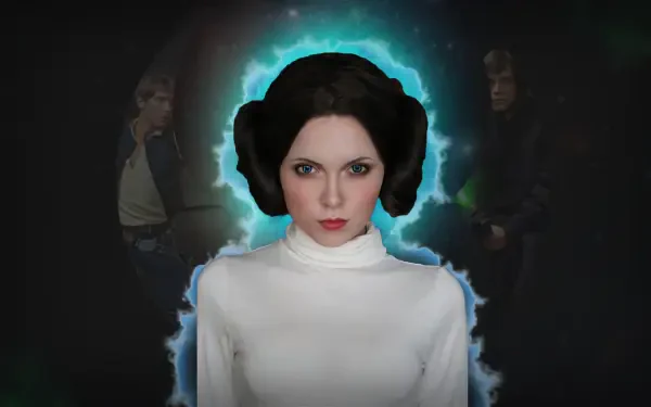 Cosplay of Princess Leia Organa highlighted against a vibrant blue aura, showcasing her iconic hairstyle and outfit, set in a dynamic Star Wars-themed HD wallpaper.