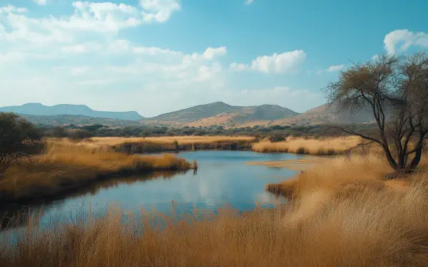 A serene landscape featuring a tranquil lake surrounded by golden grasses and distant mountains under a clear blue sky, perfect for a safari-themed HD desktop wallpaper.