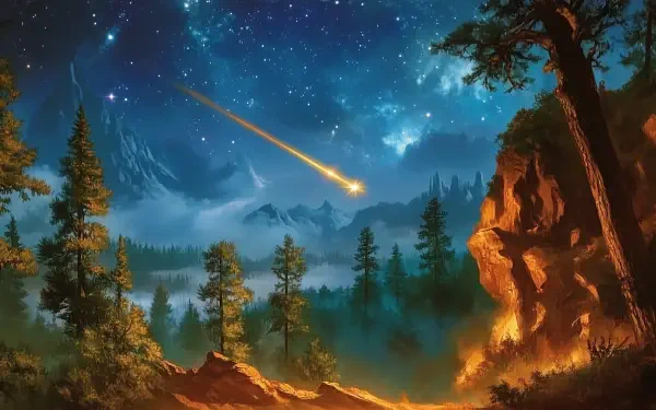 A stunning HD desktop wallpaper featuring a shooting star streaking across a starry sky above a serene forest landscape, with mountains and mist creating a tranquil atmosphere.