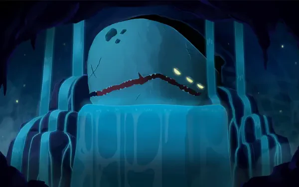 An atmospheric HD wallpaper featuring a mysterious creature from Slay the Spire 2, set against a backdrop of glimmering water and dark, shadowy surroundings.