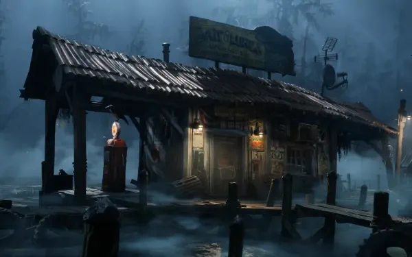 A moody, atmospheric scene from the video game South of Midnight showcases a rustic shack surrounded by a misty swamp, illuminated by dim lights and a vintage gas pump.