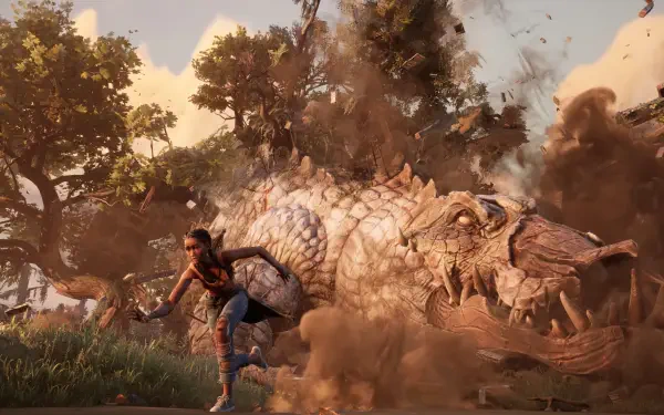 A dynamic scene from the video game *South of Midnight*, featuring a character running from a giant creature amidst dust and debris in a lush environment. 4K Ultra HD quality.