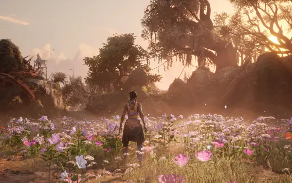 A character stands in a vibrant landscape filled with colorful flowers, bathed in warm sunlight, from the video game South of Midnight, featuring stunning 4K Ultra HD detail.