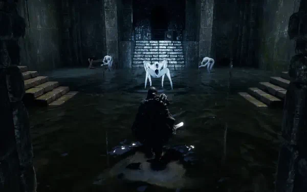 Dark and atmospheric scene from the video game Hell is Us, featuring a character confronting ominous creatures in a shadowy, flooded environment. HD wallpaper for PC desktop.