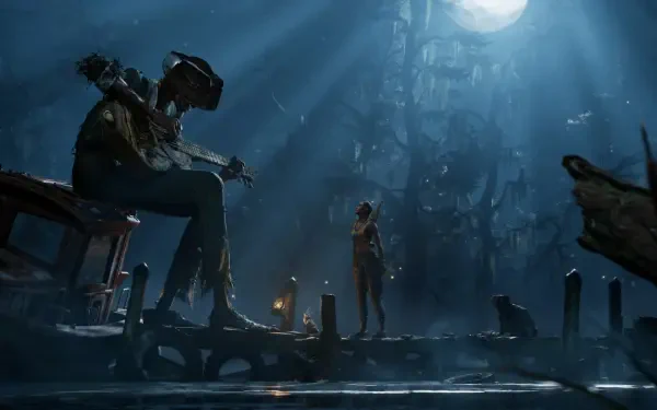 A captivating HD desktop wallpaper from the video game South of Midnight, featuring a large figure playing guitar under a full moon, surrounded by an atmospheric, shadowy landscape.