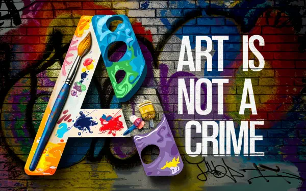 A vibrant 4K Ultra HD wallpaper featuring the phrase Art Is Not A Crime alongside a colorful letter A adorned with paint and brushes, set against a graffiti background.